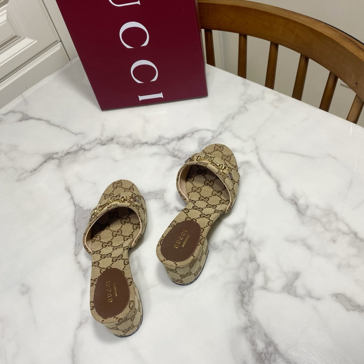 GG 26SS Chunky Heeled Sandals 65 Beige Brown Canvas Leather 640622