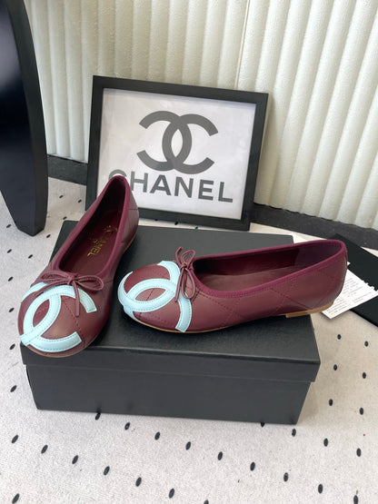 Chanel Cambon Ballet Flat Burgundy Blue Sheepskin 415674