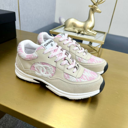 CC 2026 Casual Sneakers Beige Pink Suede Tweed 668062