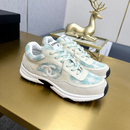 CC 2026 Casual Sneakers Beige Blue Suede Tweed 668063