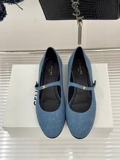 Celine 26 Mary-Jane Ballet Flats Fabric Leather 755871