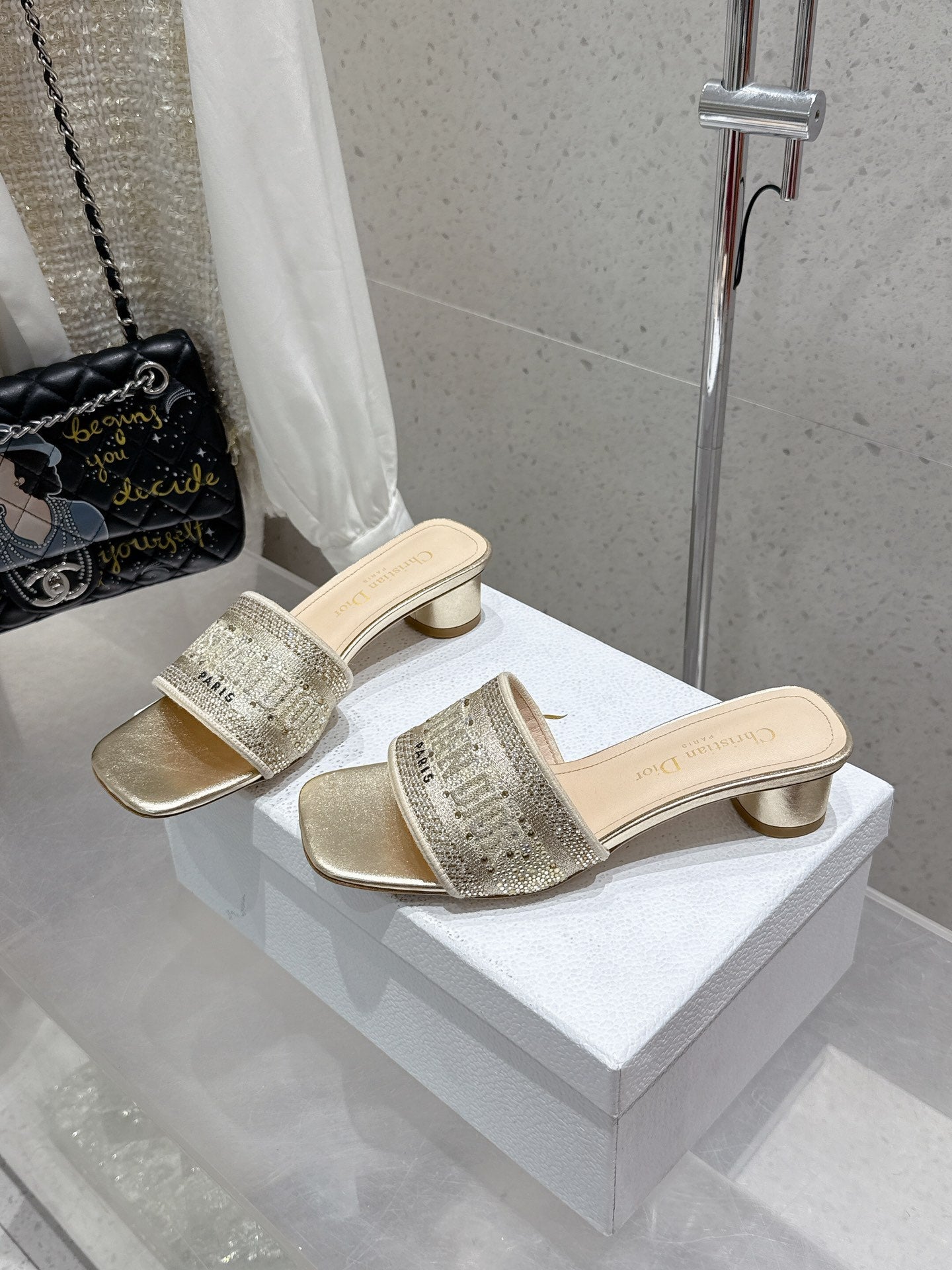 CD 26s Rhinestone Flat Slippers Gold Beige Canvas Leather 636391
