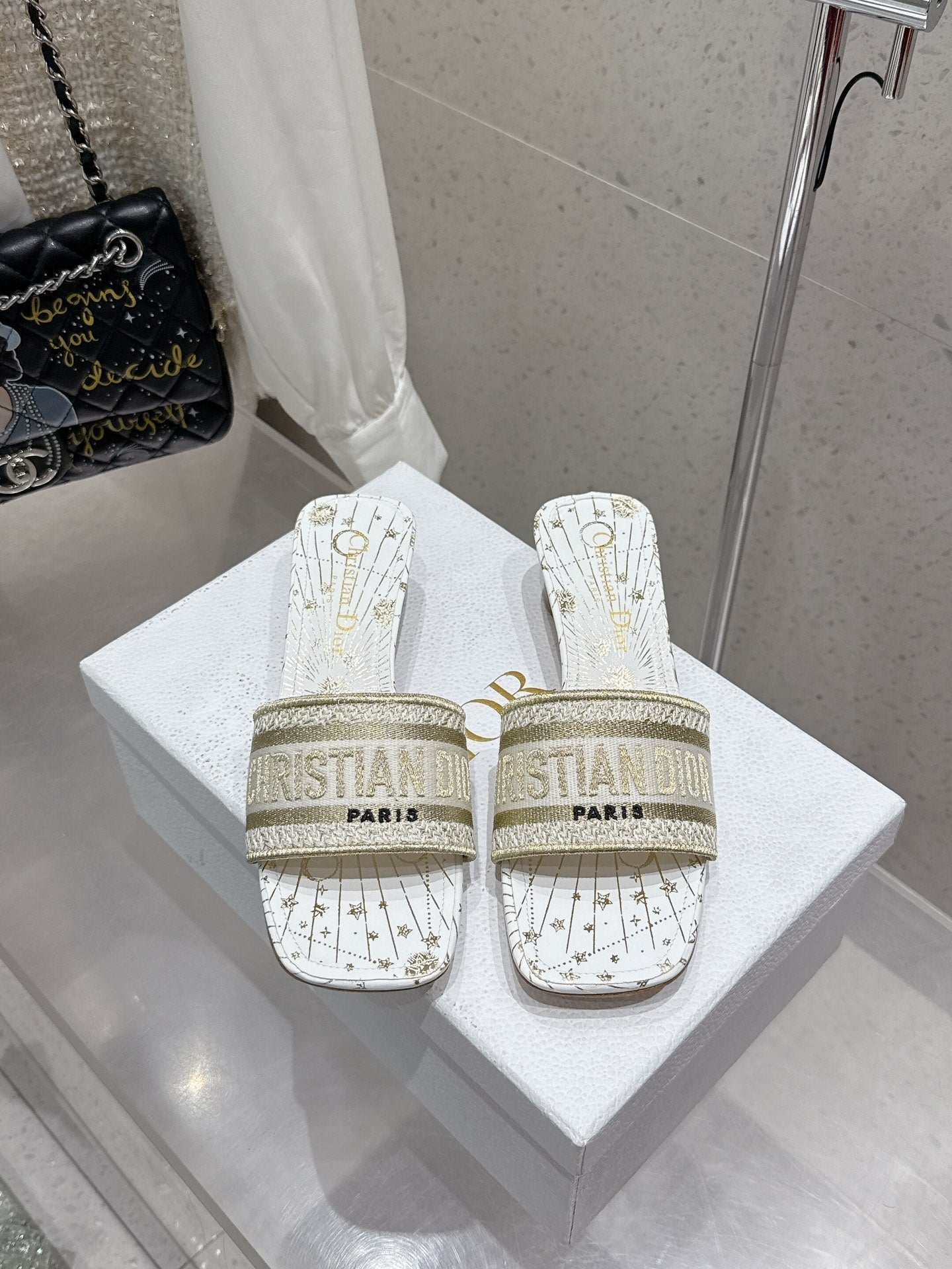 CD 26s Embroidered Flat Slippers White Gold Canvas Leather 636394