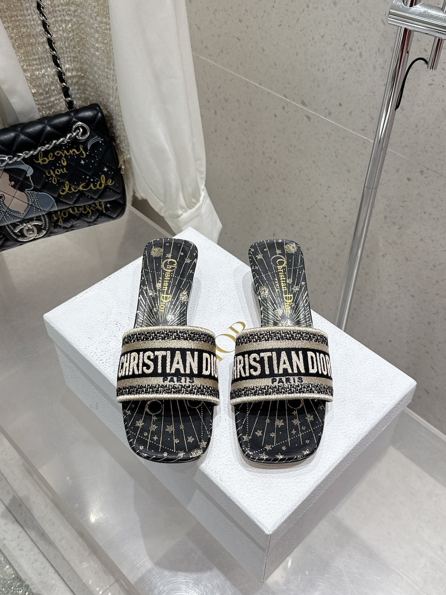 CD 26s Embroidered Flat Slippers Black Gold Canvas Leather 636395