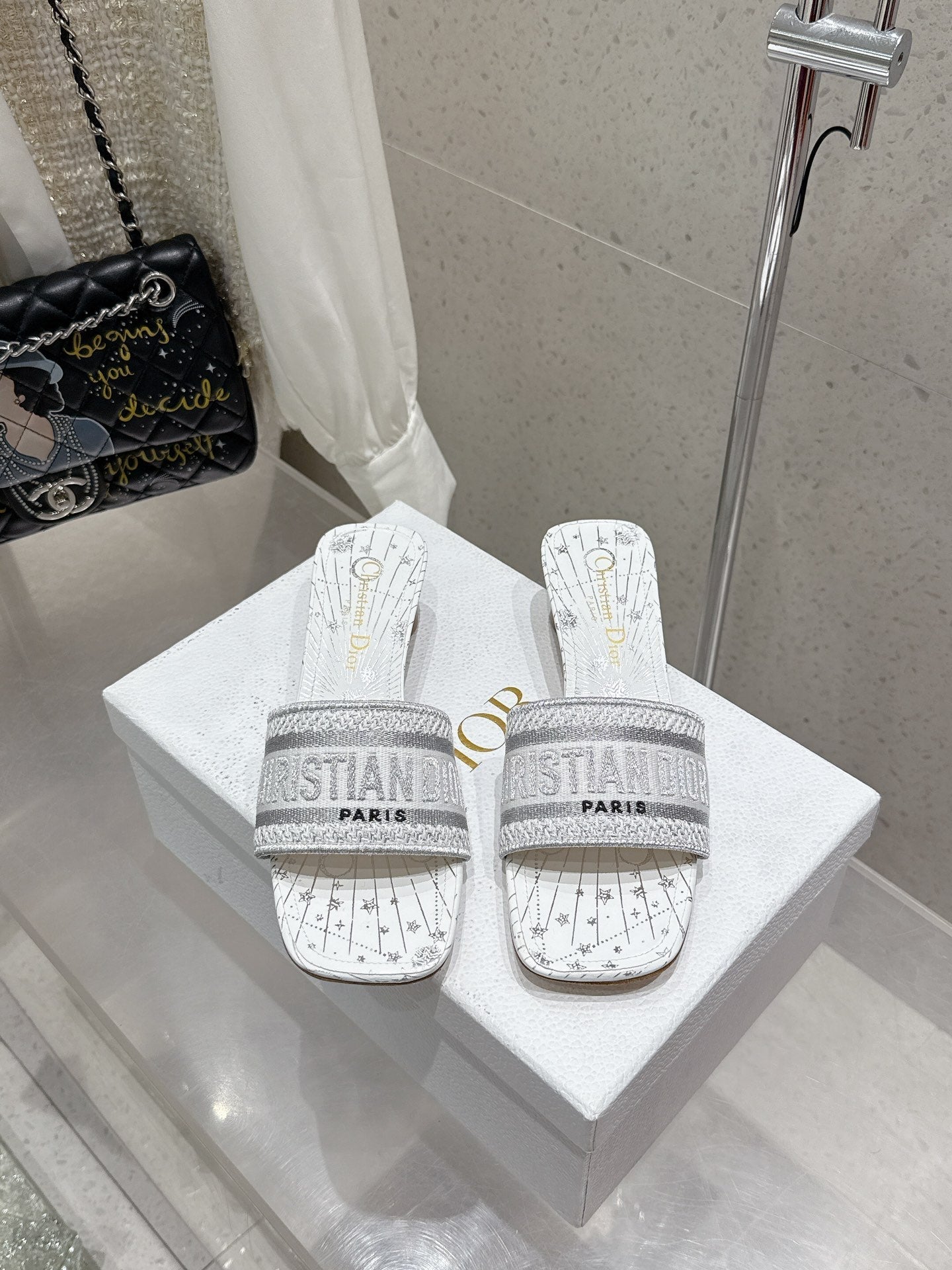 CD 26s Embroidered Flat Slippers White Gray Canvas Leather 636396