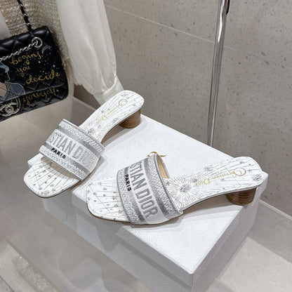 CD 26s Embroidered Flat Slippers White Gray Canvas Leather 636396
