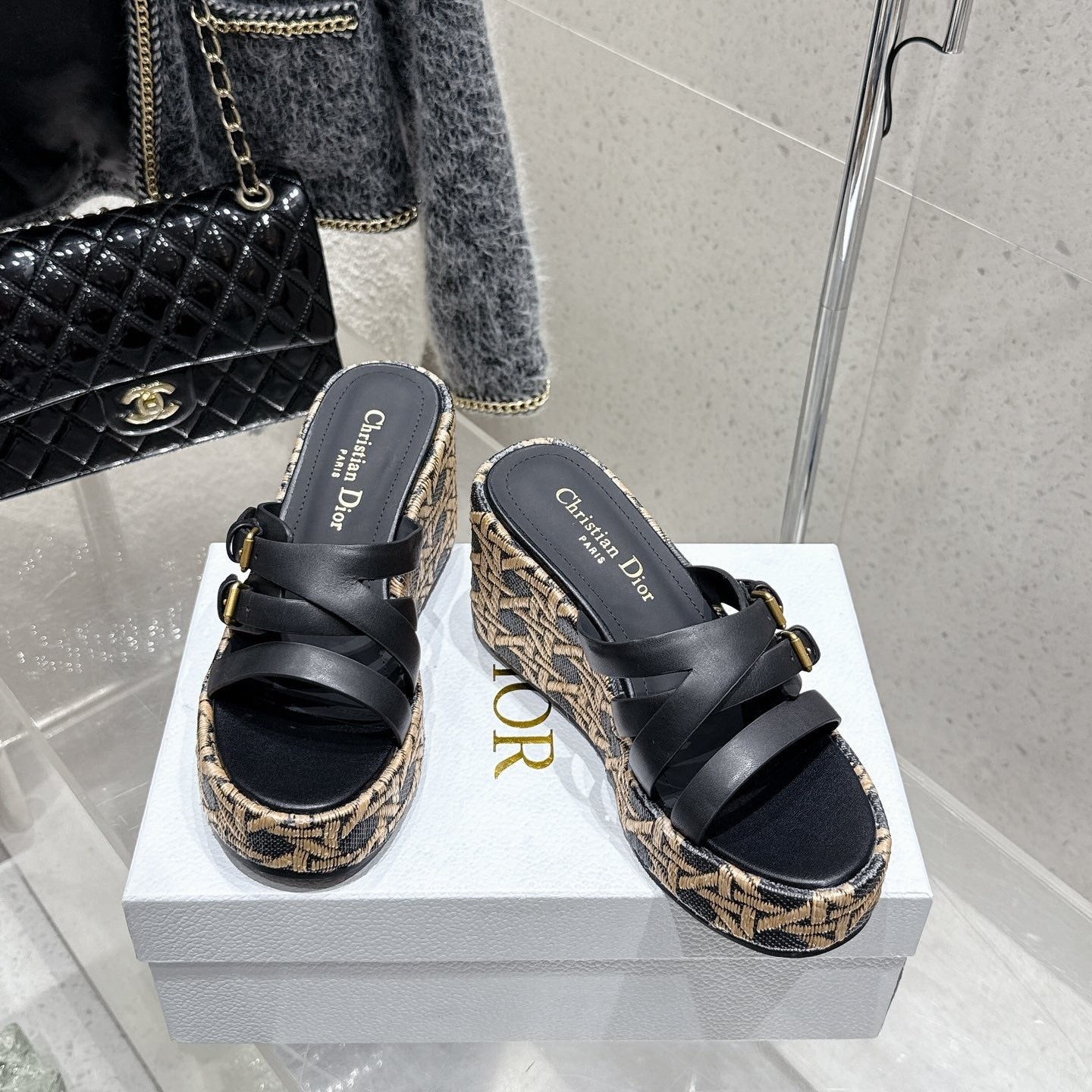 CD 26s Platform Sandal 65 Black Beige Monogram Leather 636351