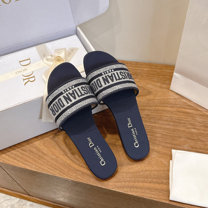 CD 26s Embroidered Sandals Navy Blue Canvas Leather 685606