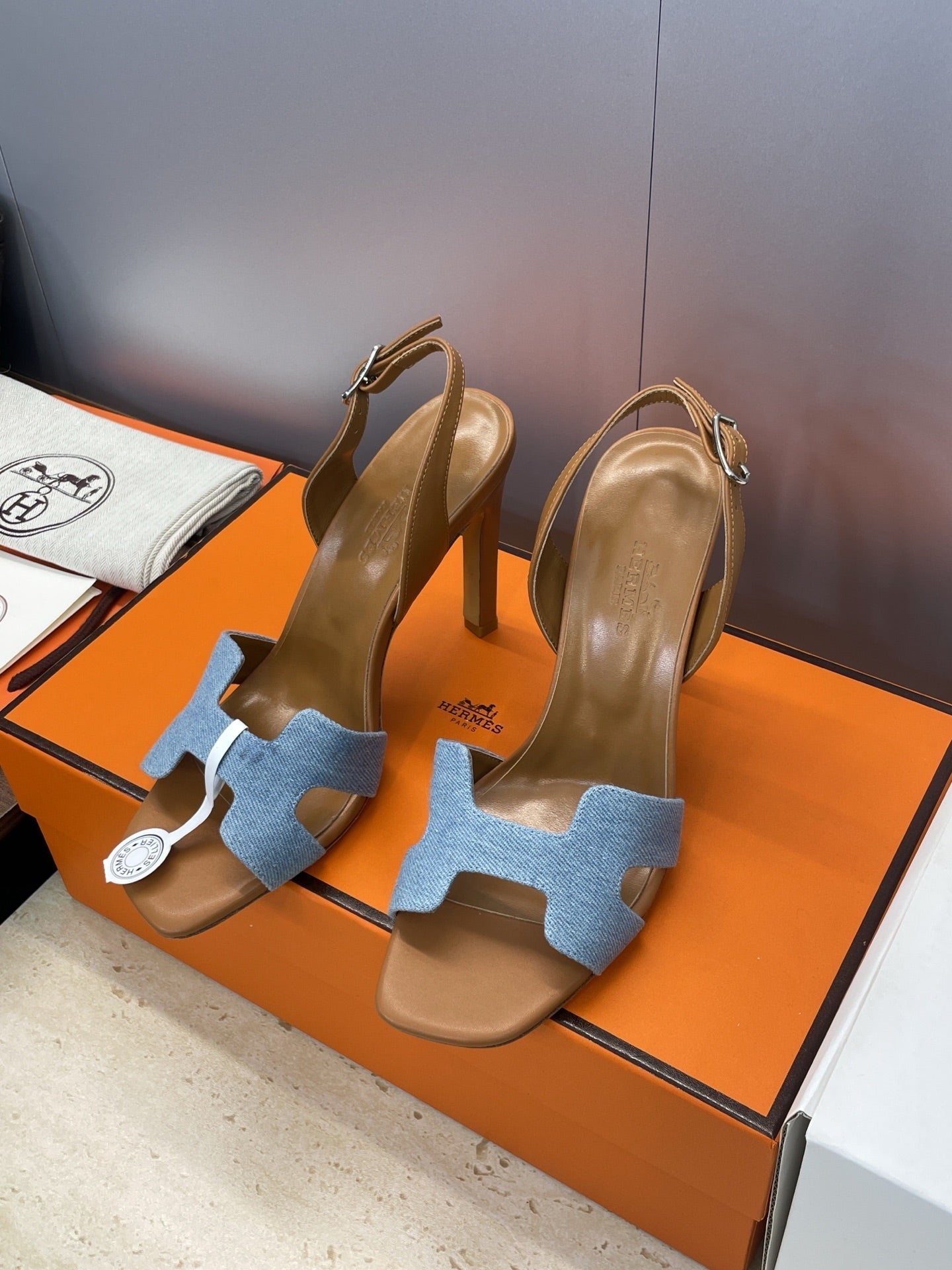 HM 26ss High Heel Sandals 105 Brown Blue Denim Cowhide 607147