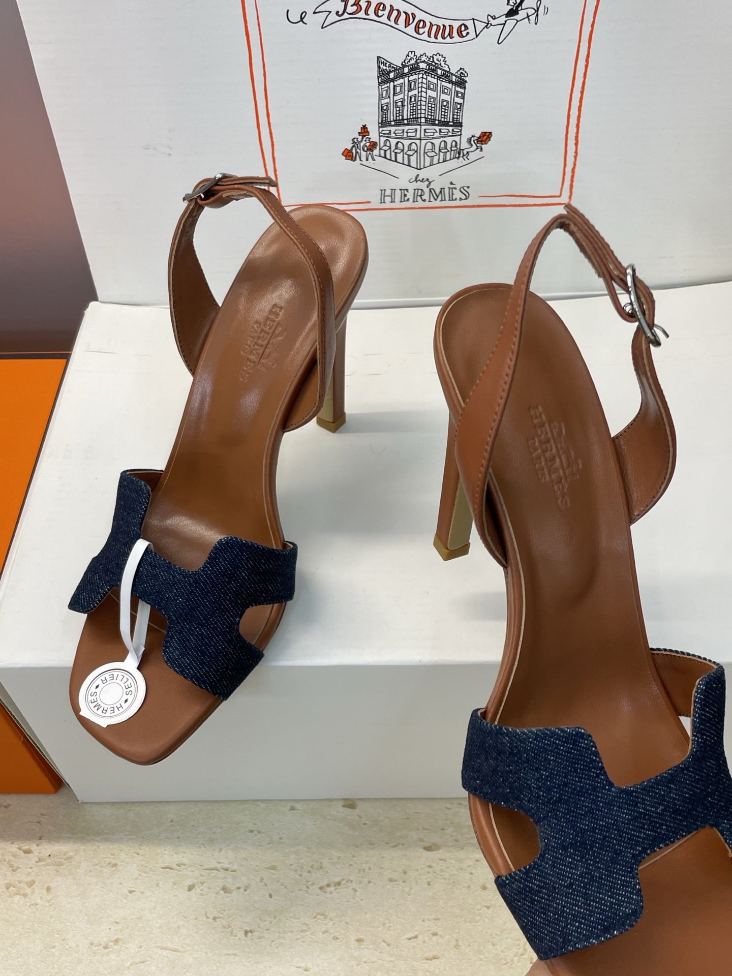 HM 26ss High Heel Sandals 105 Brown Dark Blue Denim Cowhide 607148