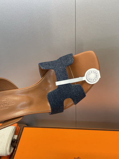 HM 26ss High Heel Sandals 105 Brown Dark Blue Denim Cowhide 607148