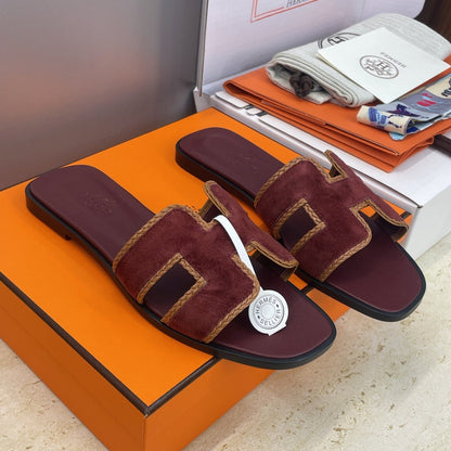 HM 26ss Oran Sandals Burgundy Brown Suede Calfskin 607252