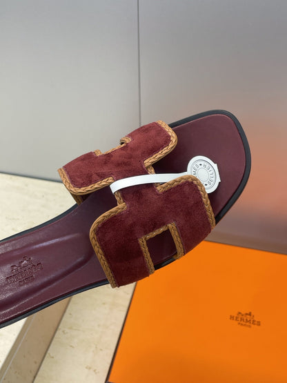 HM 26ss Oran Sandals Burgundy Brown Suede Calfskin 607252