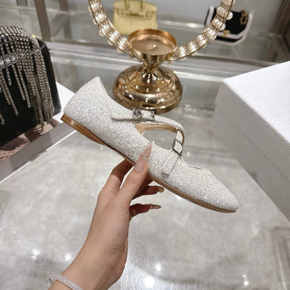 CD 26 Ballet Flats Metallic Silver Leather With Sequins 592214