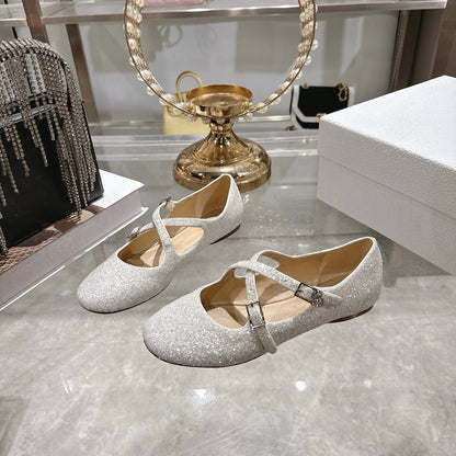 CD 26 Ballet Flats Metallic Silver Leather With Sequins 592214