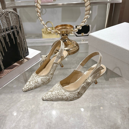 CD 26 Slingback Metallic Floral Embroidery 45mm Ivory Gold Tweed 592234