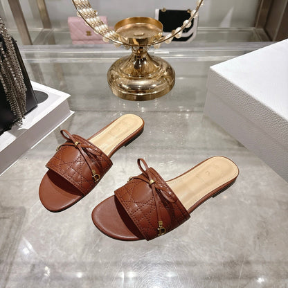 CD 26 Embroidered Slippers Brown Beige  Sheepskin 679667
