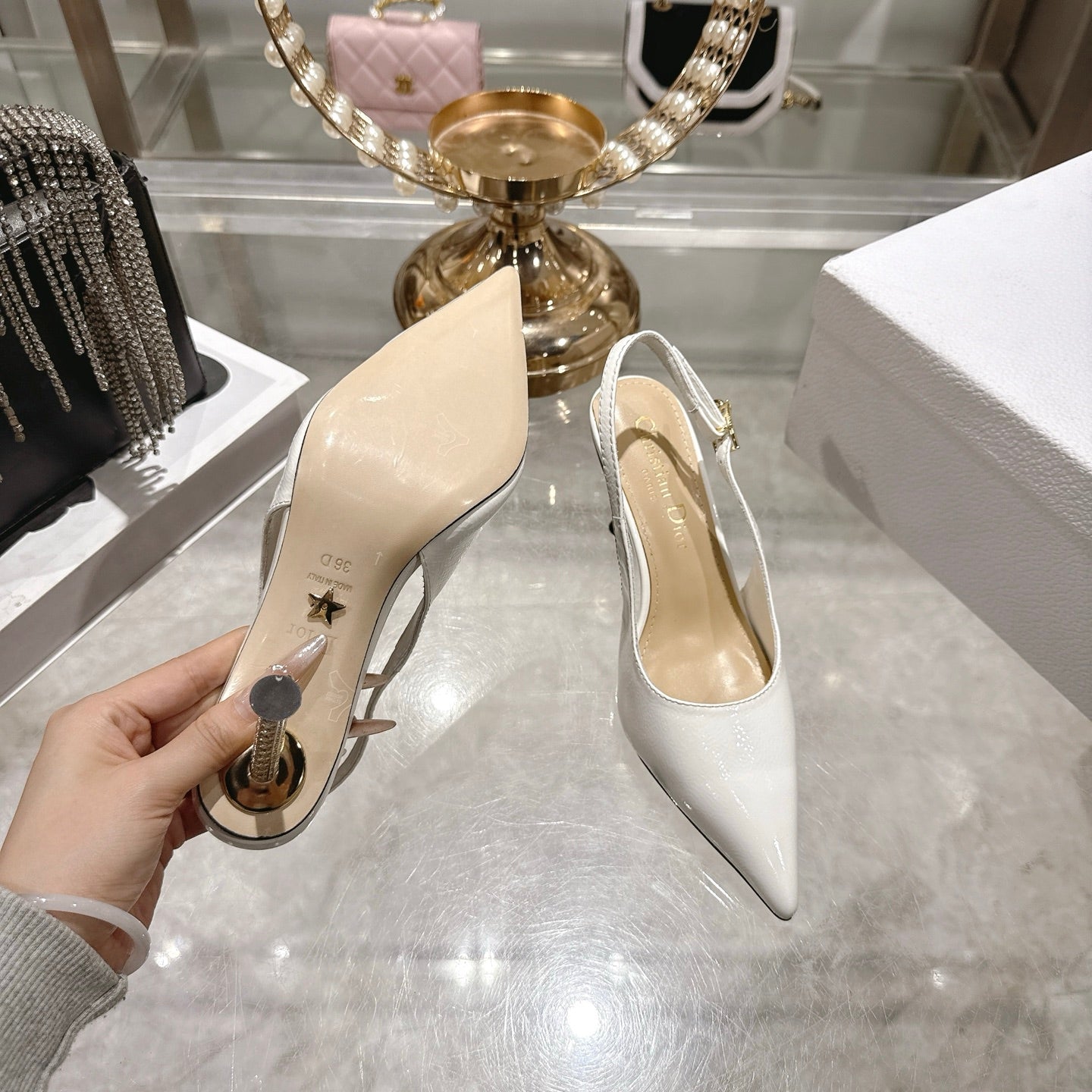 CD 26 Slingback 80 White Beige Patent Leather 679851