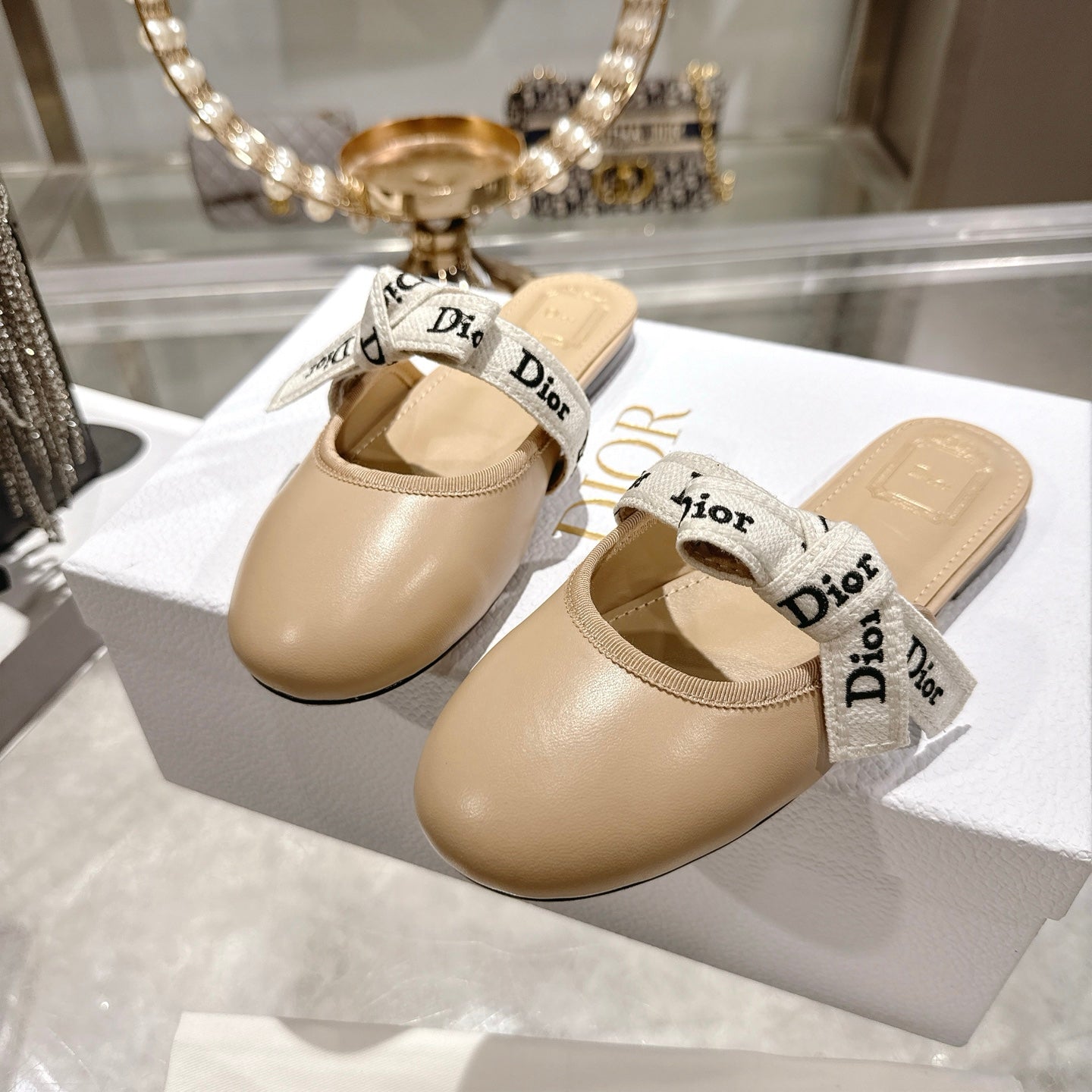 CD 26 Bow Flat Mules Embroidered Sheepskin