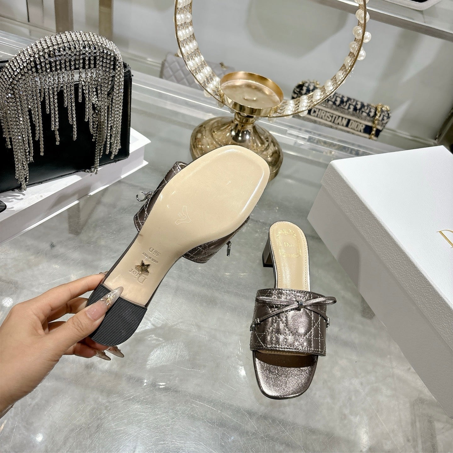 CD 26s Slippers Metallic Brown Beige Calfskin 679866