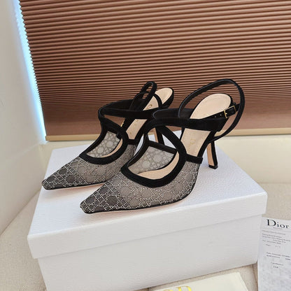 CD 26 High Heel 95 Black Beige Mesh Fabric Sheepskin 614894