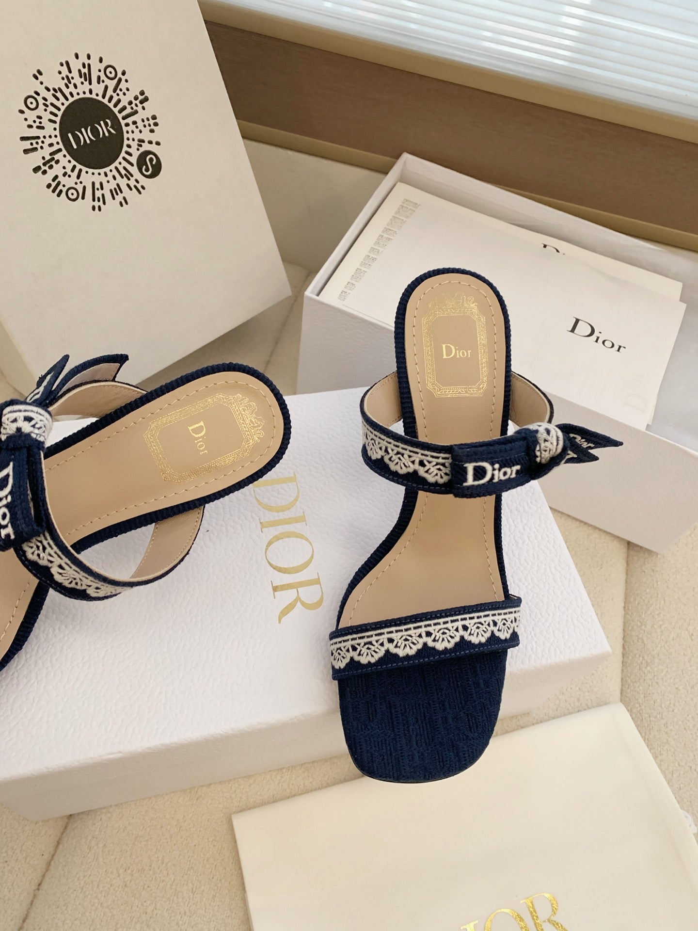 CD 26s High Heel Sandal 100 Navy Blue Canvas Sheepskin  664177