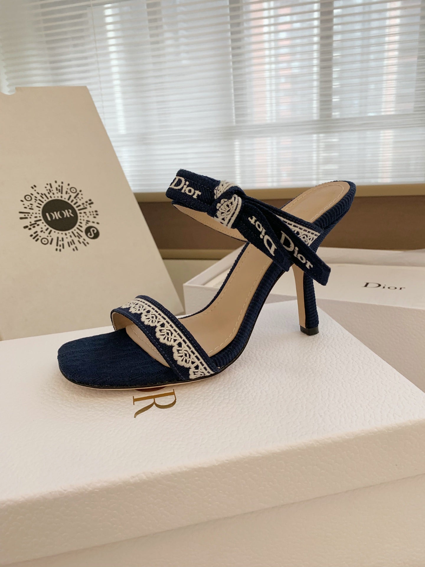 CD 26s High Heel Sandal 100 Navy Blue Canvas Sheepskin  664177