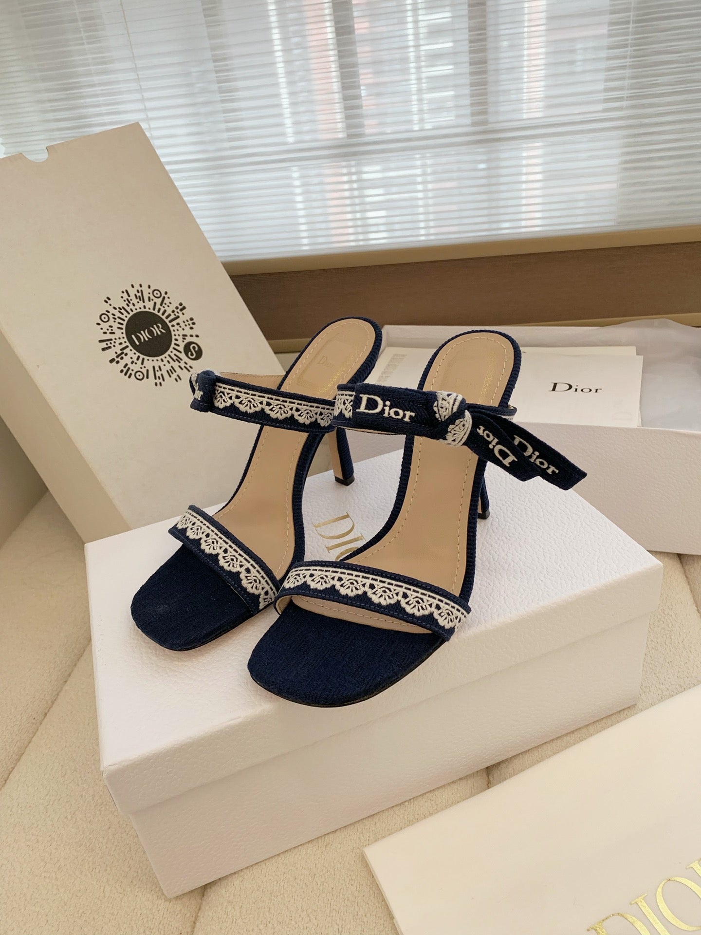 CD 26s High Heel Sandal 100 Navy Blue Canvas Sheepskin  664177