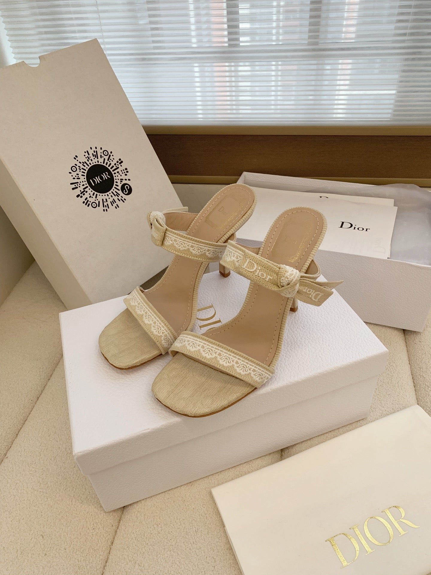 CD 26s High Heel Sandal 100 Beige Canvas Sheepskin  664179