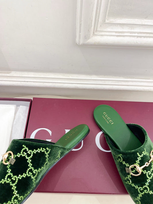 GG 26 Horsebit Flat Mules Rhinestones Dark Green Velvet 587082