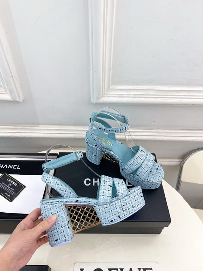 CC 26s HighHeeled Platform Sandals 85 Light Blue Tweed 631865