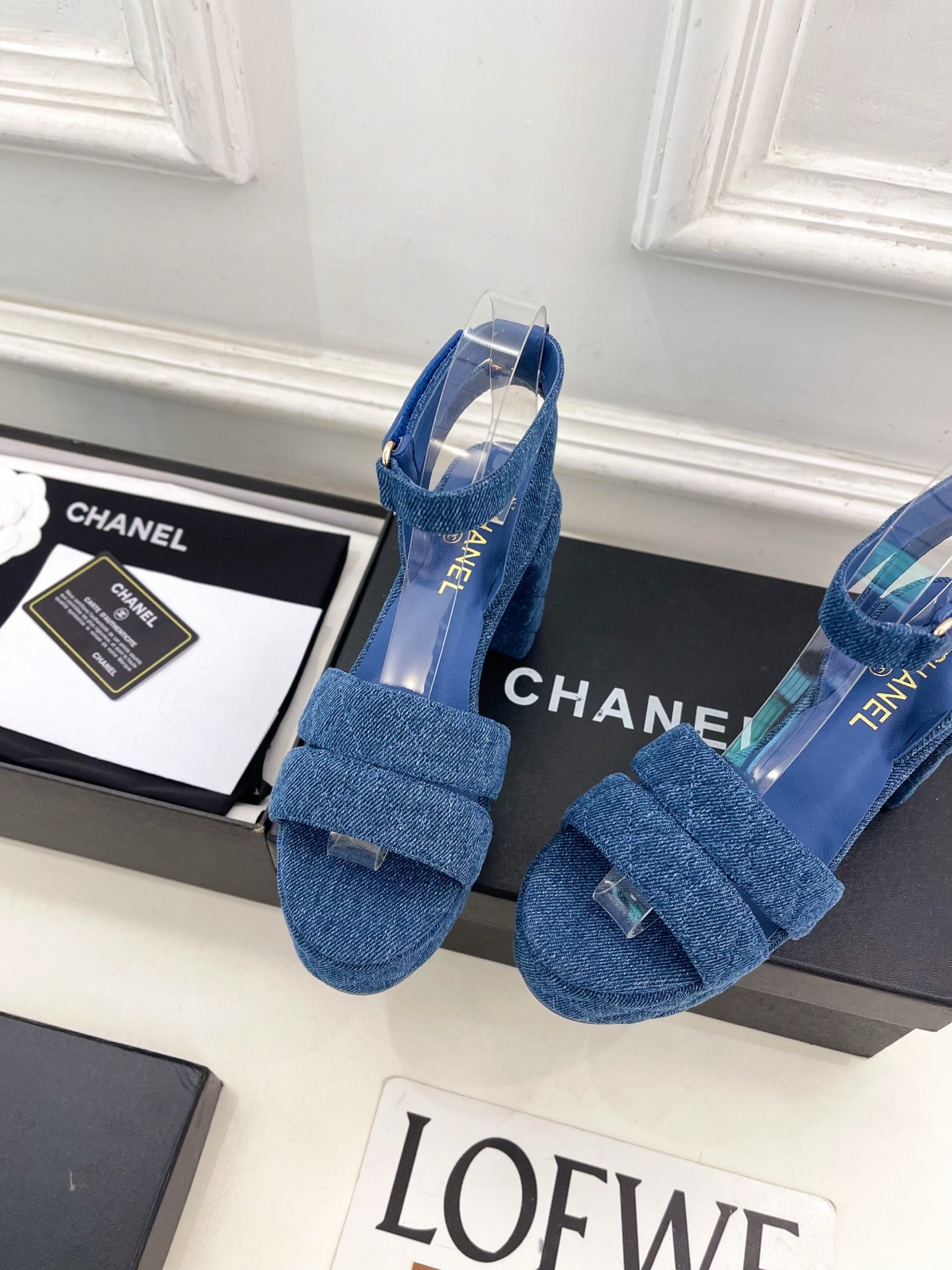 CC 26s HighHeeled Platform Sandals 85 Dark Blue Denim 631871
