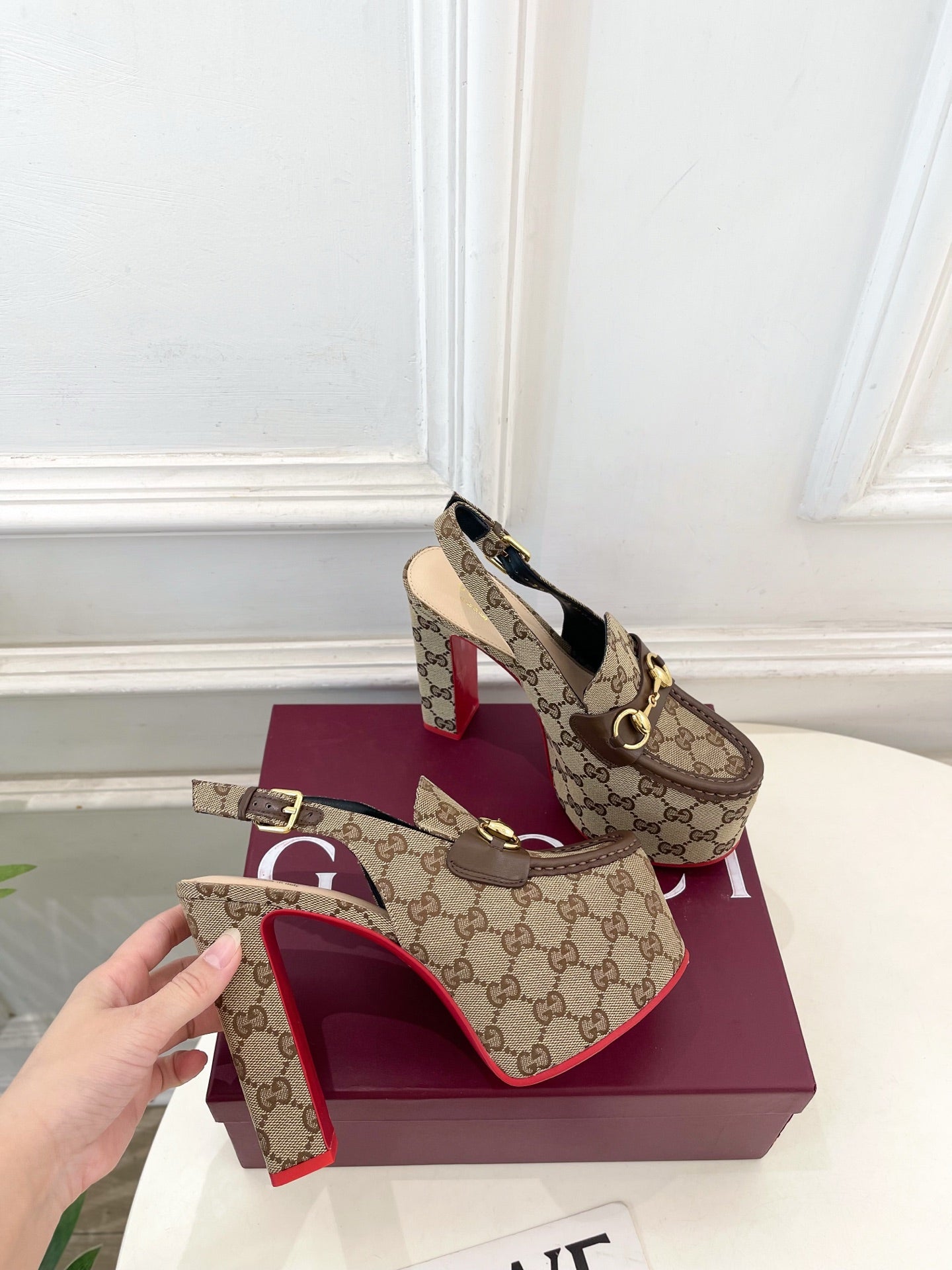 GG 26SS Platform Sandals 130 Beige Brown Monogram Fabric Sheepskin 640267
