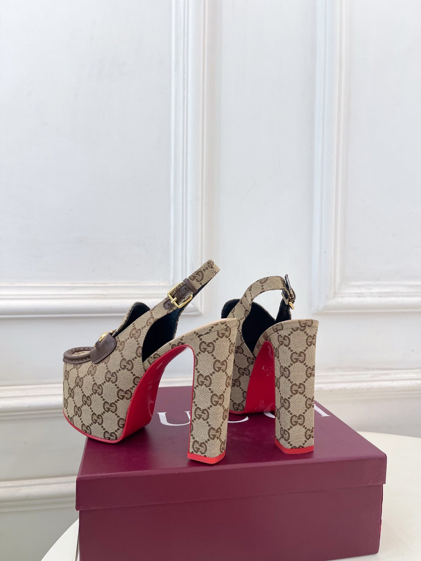 GG 26SS Platform Sandals 130 Beige Brown Monogram Fabric Sheepskin 640267