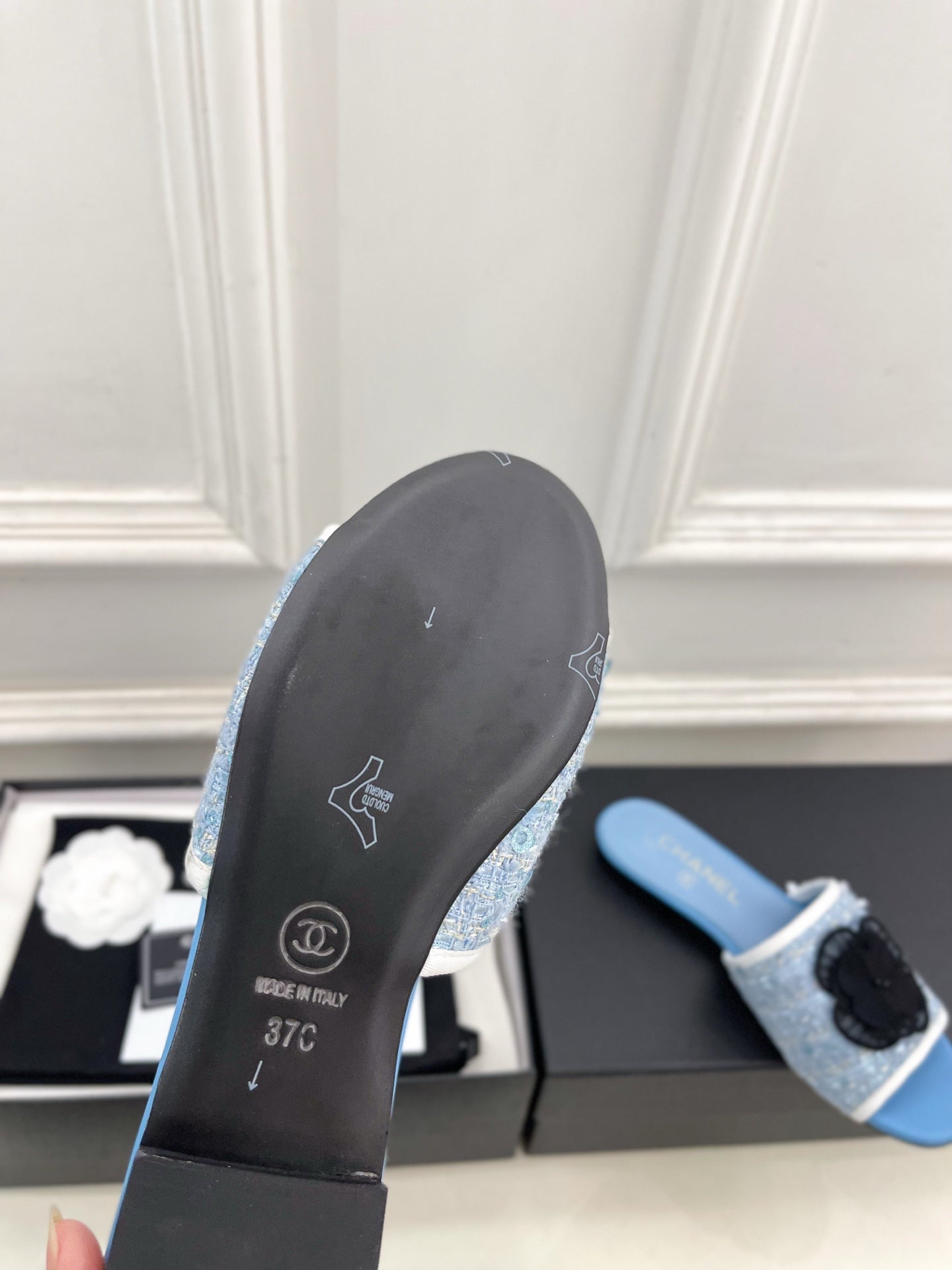 Chanel 2026 Camellia Flat Slippers Leather Sheepskin Tweed 831467